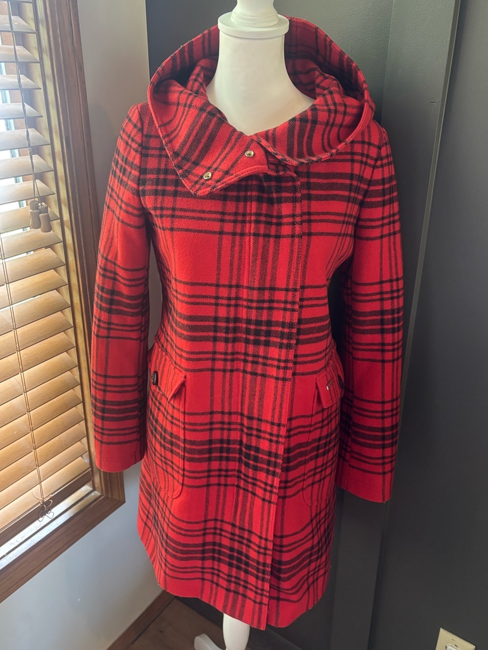 Woolrich John Rich & Bros Red Plaid Virgin Wool Cashmere Hooded Coat S